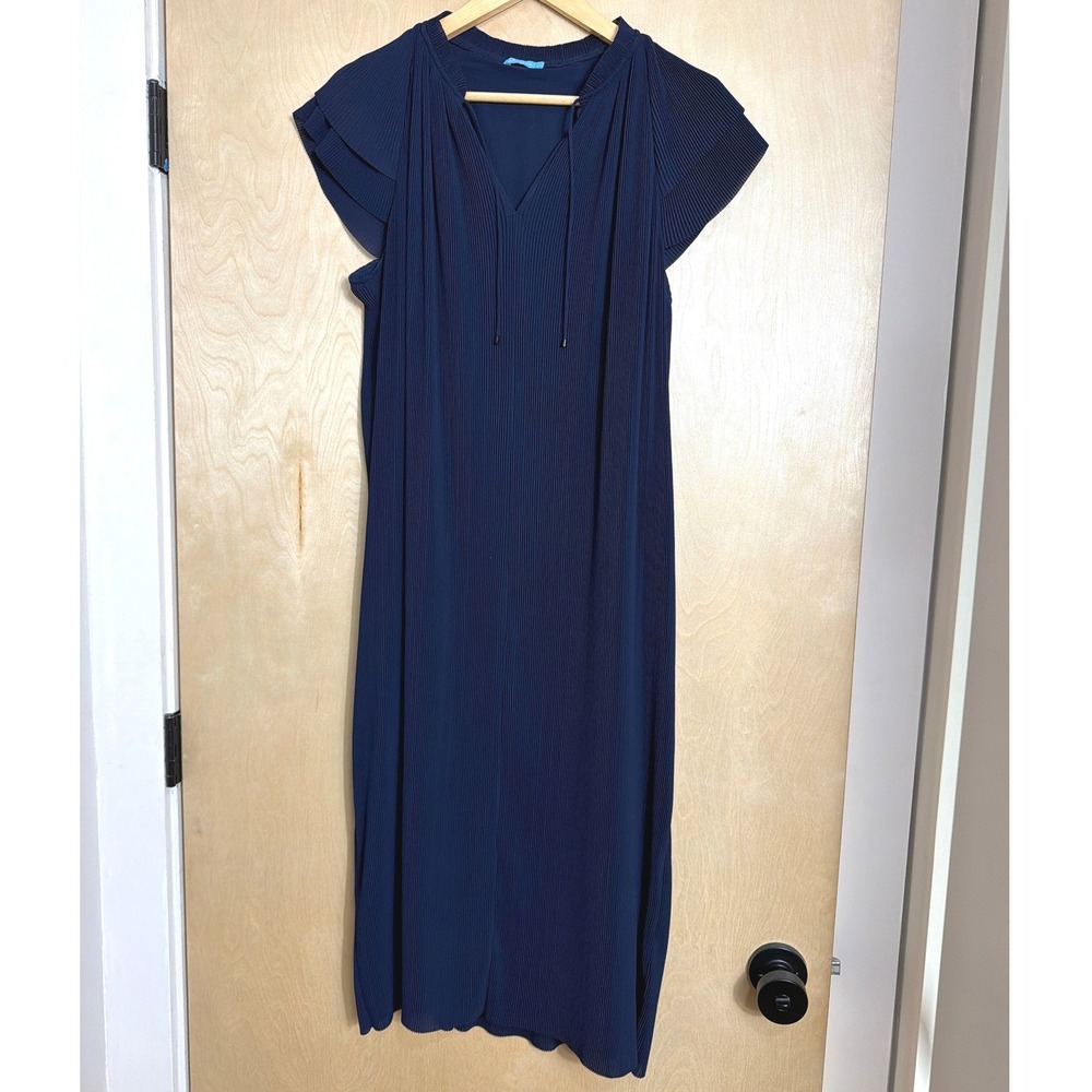 J.McLaughlin Navy Blue Pleated Midi Dress Flutter Sleeve V-Neck Tie Large